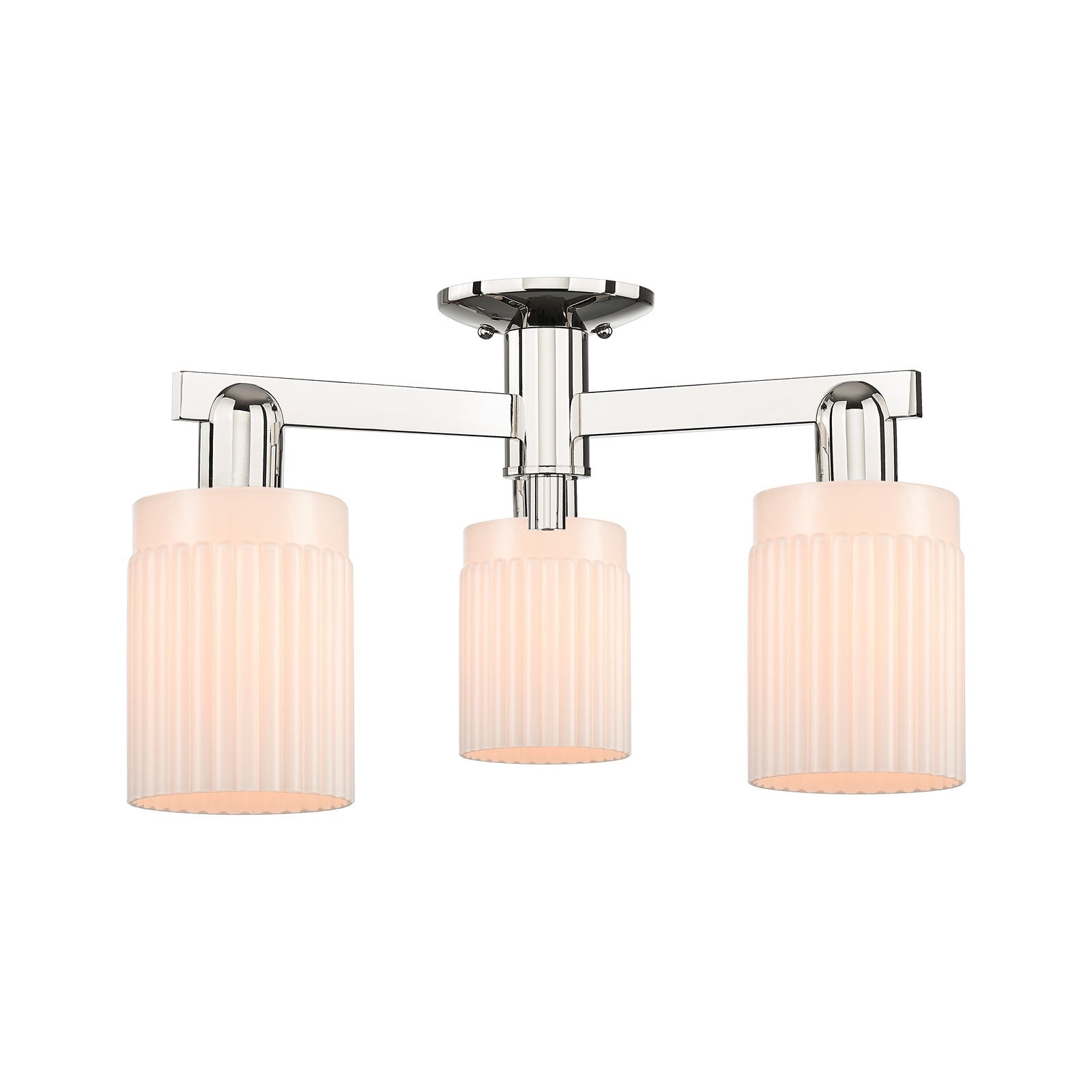Innovations Hadley 22in 3-Light Semi-Flush Mount | Industrial Modern Contempo Polished Nickel and Matte White Ribbed Glass | Model 716-3F-PN-G341