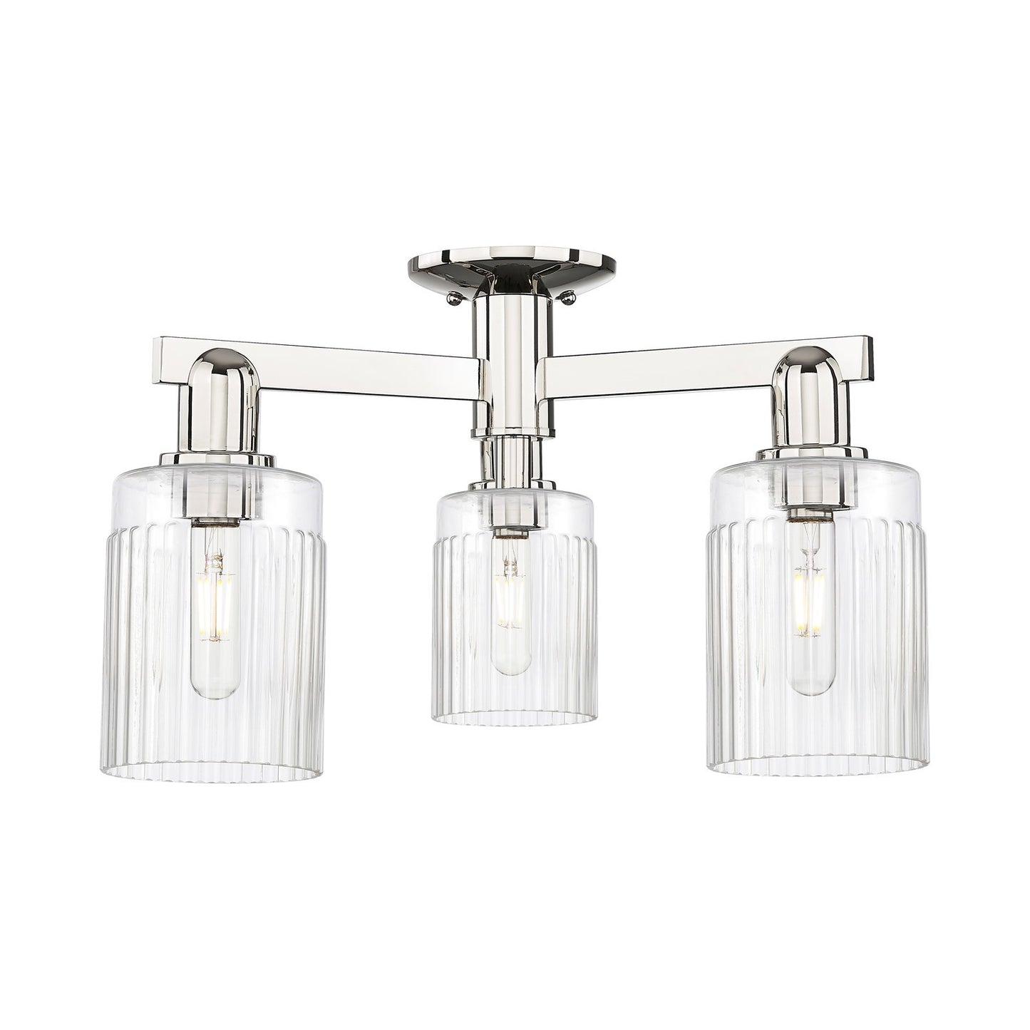 Innovations Hadley 22in 3-Light Semi-Flush Mount | Industrial Modern Polished Nickel Steel and Clear Ribbed Glass | Entryway & | Model 716-3F-PN-G342