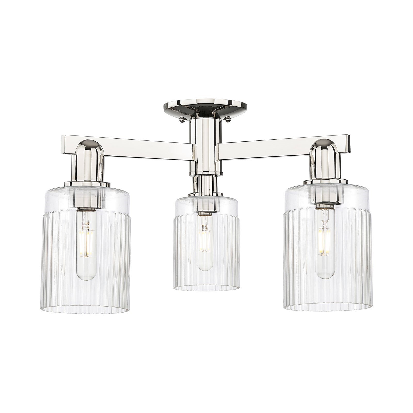 Innovations Hadley 22in 3-Light Semi-Flush Mount | Industrial Modern Polished Nickel Steel and Clear Ribbed Glass | Entryway & | Model 716-3F-PN-G342