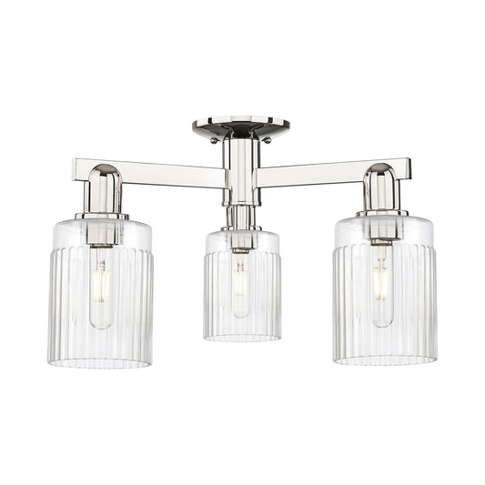 Innovations Hadley 22in 3-Light Semi-Flush Mount | Industrial Modern Polished Nickel Steel and Clear Ribbed Glass | Entryway & | Model 716-3F-PN-G342