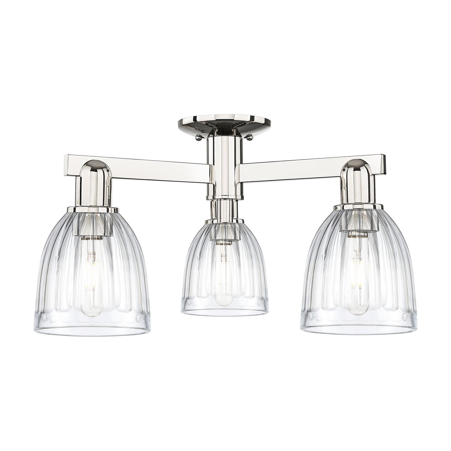 Innovations Brookfield 23.25in 3-Light Semi-Flush Mount | Industrial Polished Nickel Steel and Clear Ribbed Glass | Entryway & | Model 716-3F-PN-G442