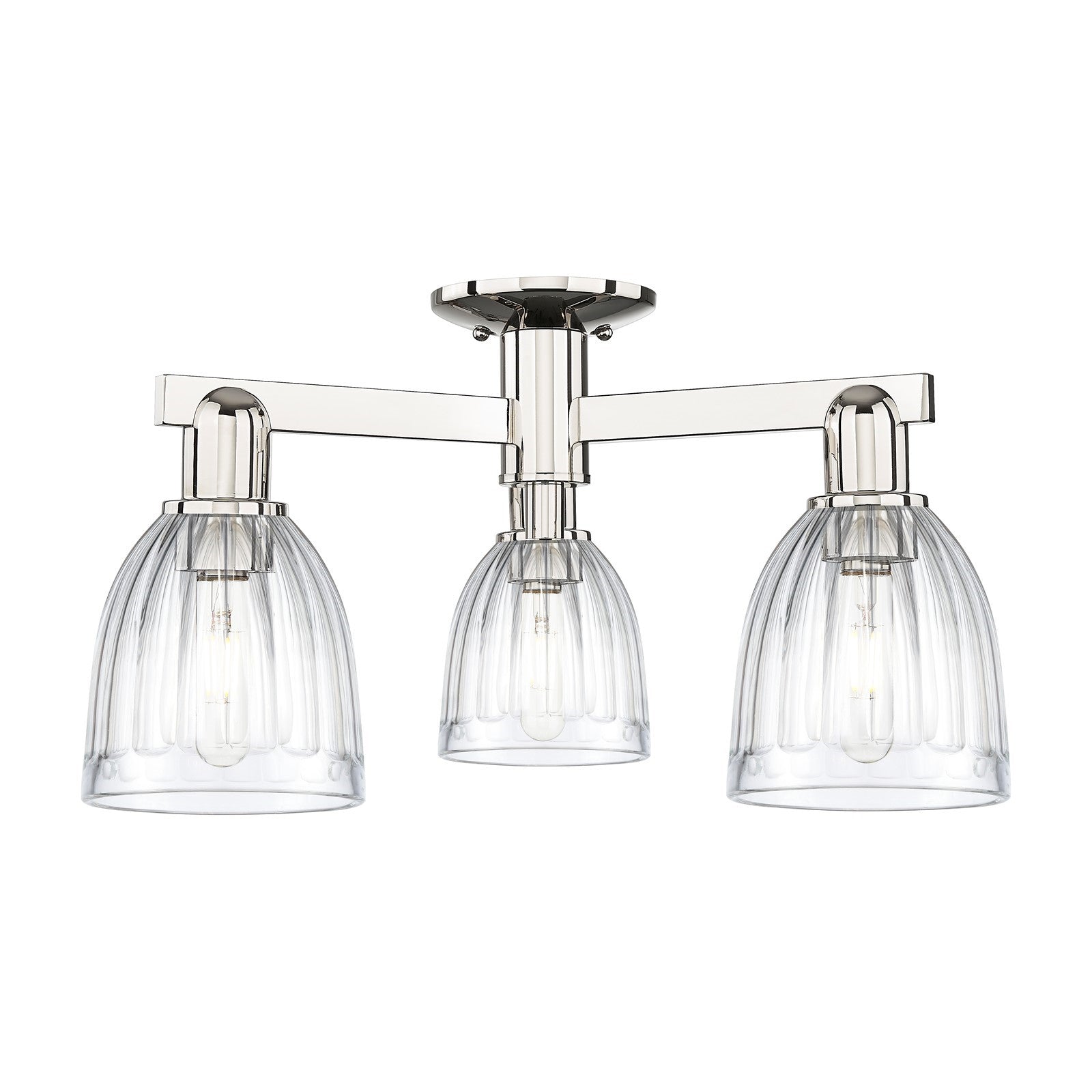 Innovations Brookfield 23.25in 3-Light Semi-Flush Mount | Industrial Polished Nickel Steel and Clear Ribbed Glass | Entryway & | Model 716-3F-PN-G442