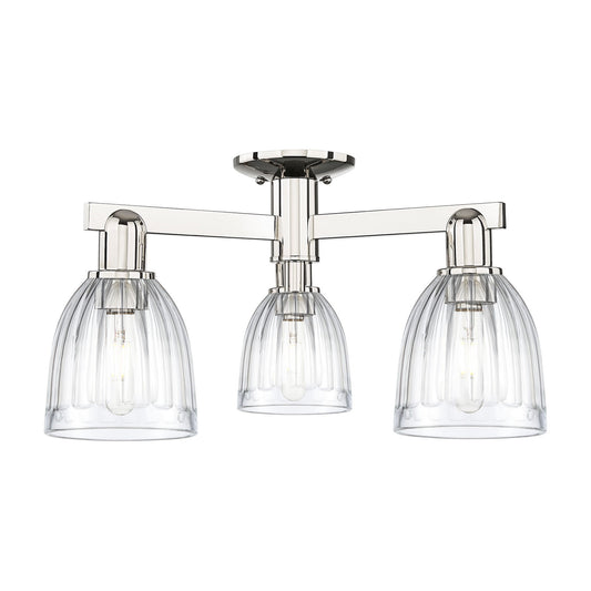 Innovations Brookfield 23.25in 3-Light Semi-Flush Mount | Industrial Polished Nickel Steel and Clear Ribbed Glass | Entryway & | Model 716-3F-PN-G442