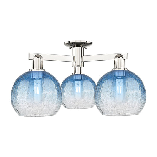 Innovations Brookhaven Globe 25.5in 3-Light Semi-Flush Mount | Industrial Polished Nickel and Sapphire Blue Glass | Entryway & | Model 716-3F-PN-G483-8SB