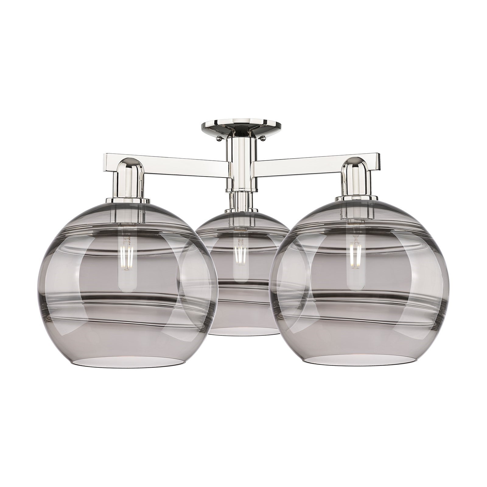 Innovations Rochester 28in 3-Light Semi-Flush Mount | Industrial Polished Nickel and Light Smoke Glass | Entryway & Hallway | Model 716-3F-PN-G556-10SM
