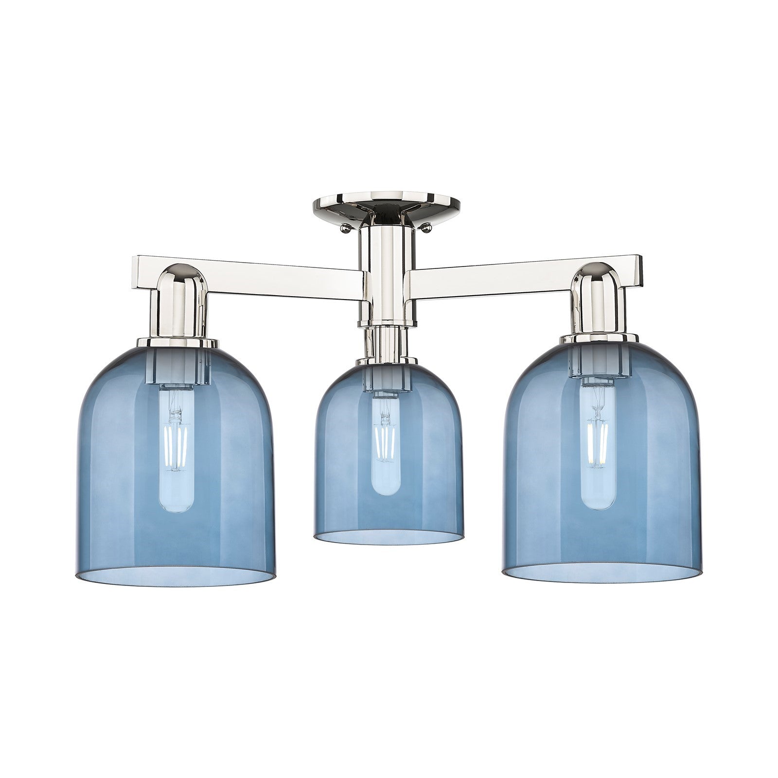 Innovations Bella 23in 3-Light Semi-Flush Mount | Industrial Polished Nickel and Blue Glass | Living Room & Foyer | 23 x 23 x | Model 716-3F-PN-G558-6BL