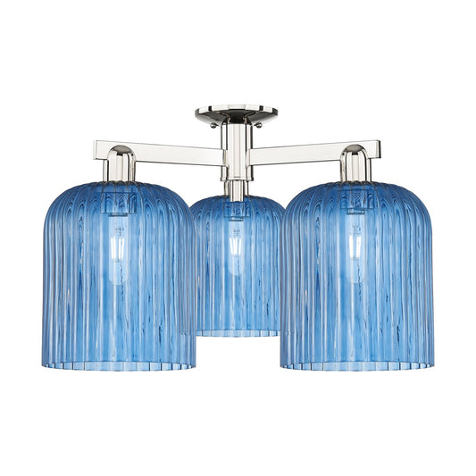 Innovations Bridal Veil 26in 3-Light Semi-Flush Mount | Industrial Polished Nickel and Princess Blue Ribbed Glass | Kitchen & | Model 716-3F-PN-G559-8BL