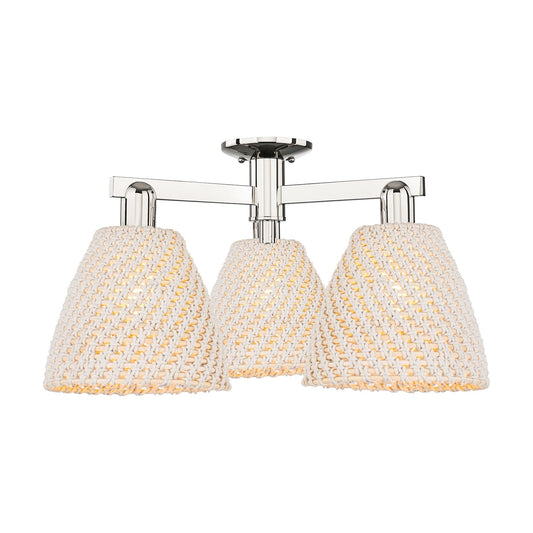 Innovations Bristol Natural 27in 3-Light Semi-Flush Mount | Industrial Polished Nickel Steel and Natural Fiber Dome Shade | Model 716-3F-PN-NBD-9-NAT