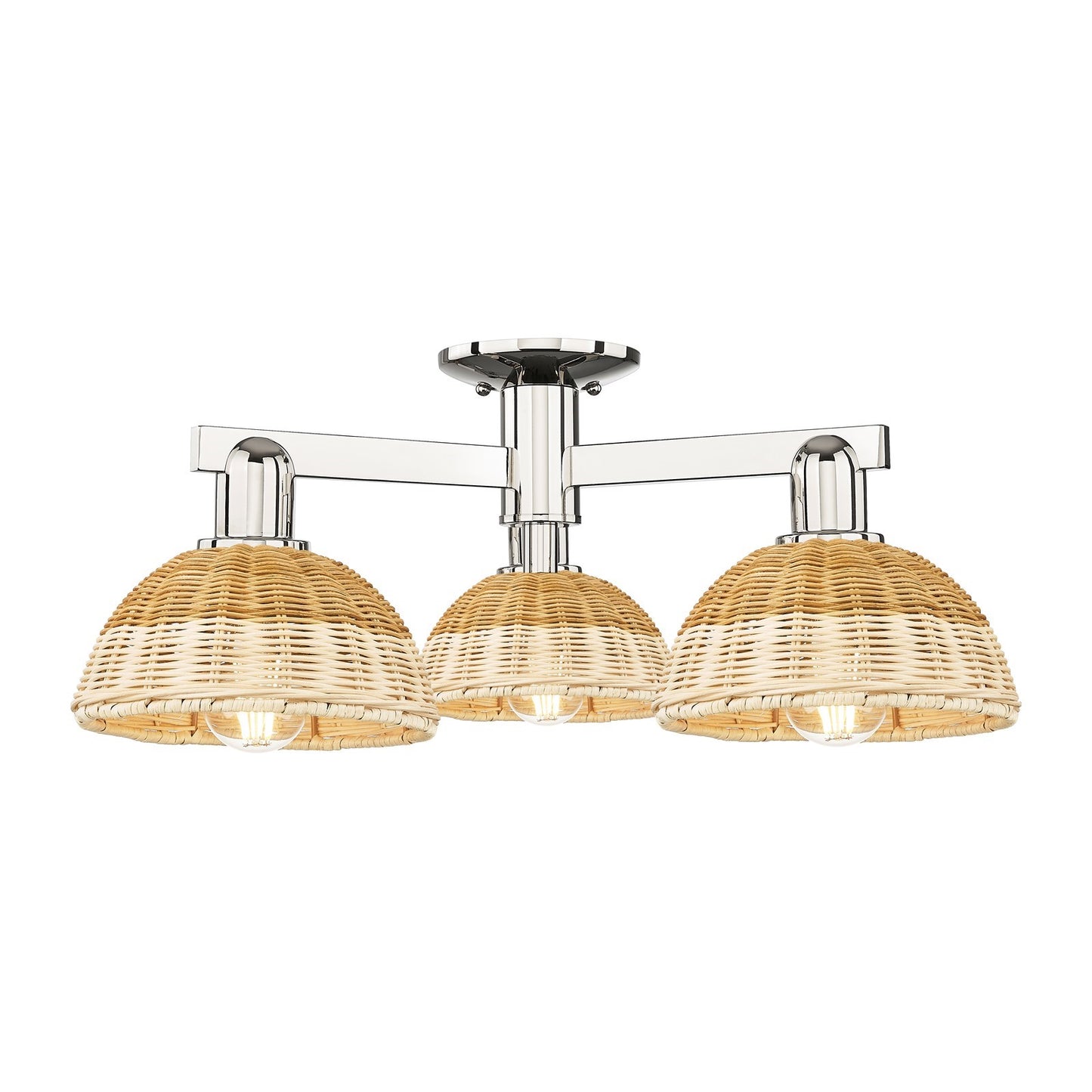 Innovations Natural Ballston Dome 25in 3-Light Semi-Flush Mount | Farmhouse Polished Nickel and Natural Fiber Basketweave | Model 716-3F-PN-NBD2-75-NAT