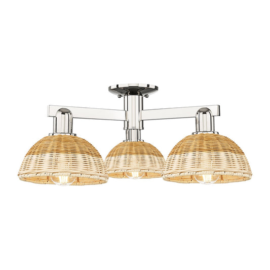 Innovations Natural Ballston Dome 25in 3-Light Semi-Flush Mount | Farmhouse Polished Nickel and Natural Fiber Basketweave | Model 716-3F-PN-NBD2-75-NAT