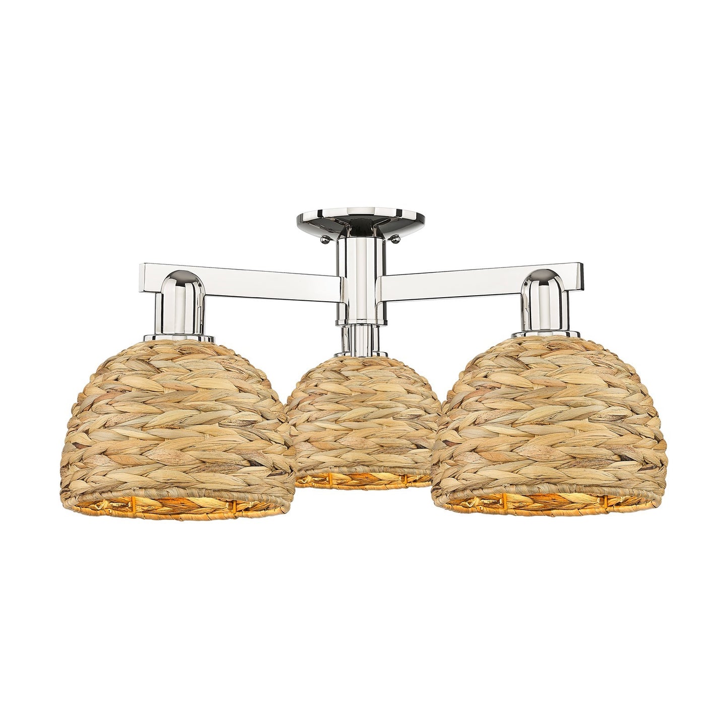 Innovations Arcadia 26in 3-Light Semi-Flush Mount | Industrial Polished Nickel and Natural Woven Rattan | Entryway & Hallway | Model 716-3F-PN-RBD-8-NAT