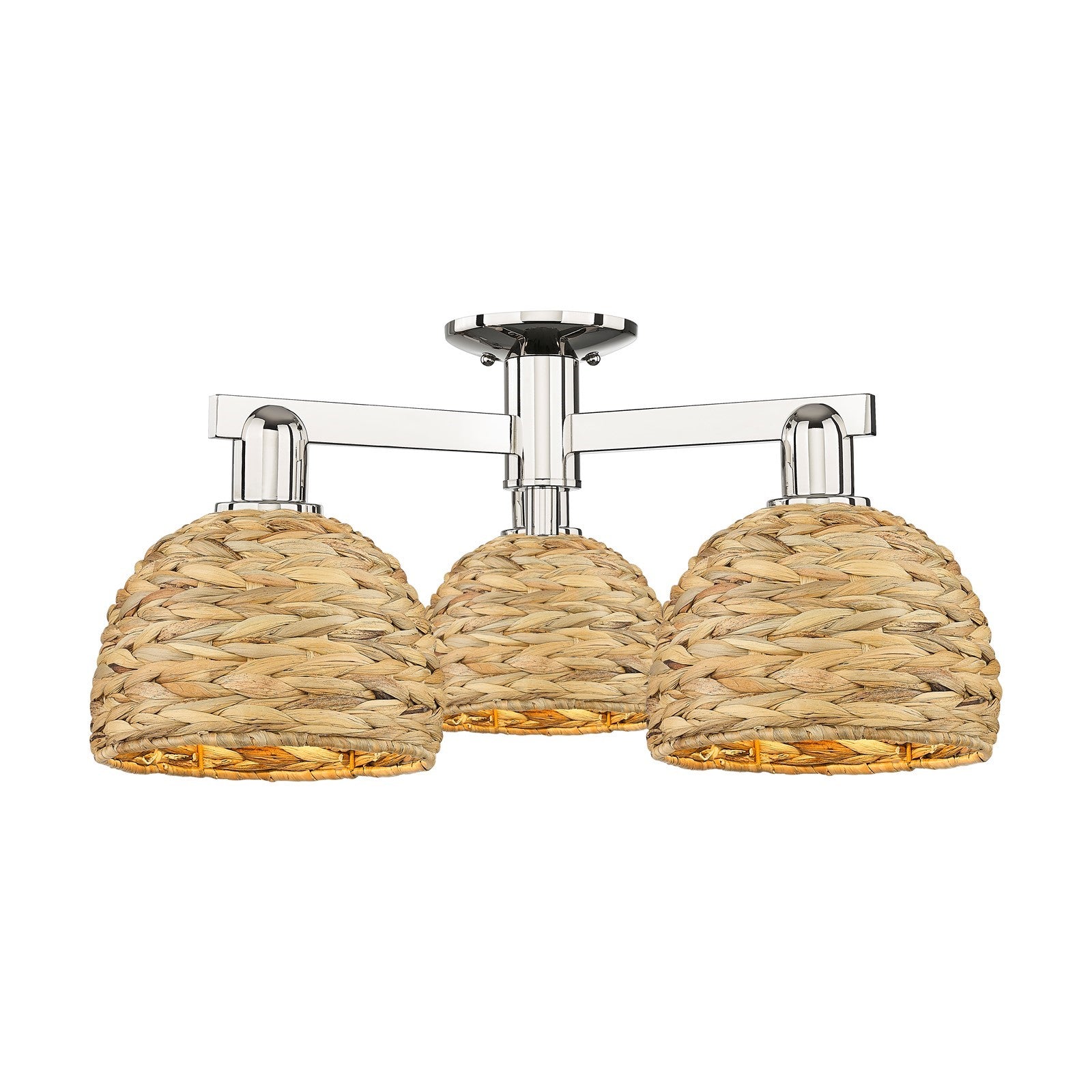 Innovations Arcadia 26in 3-Light Semi-Flush Mount | Industrial Polished Nickel and Natural Woven Rattan | Entryway & Hallway | Model 716-3F-PN-RBD-8-NAT