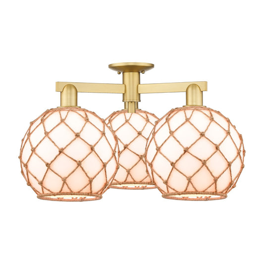 Innovations Farmhouse Rope 28in 3-Light Semi-Flush Mount | Industrial Satin Gold Steel and Matte White Glass with Brown Rope | Model 716-3F-SG-G121-10RB