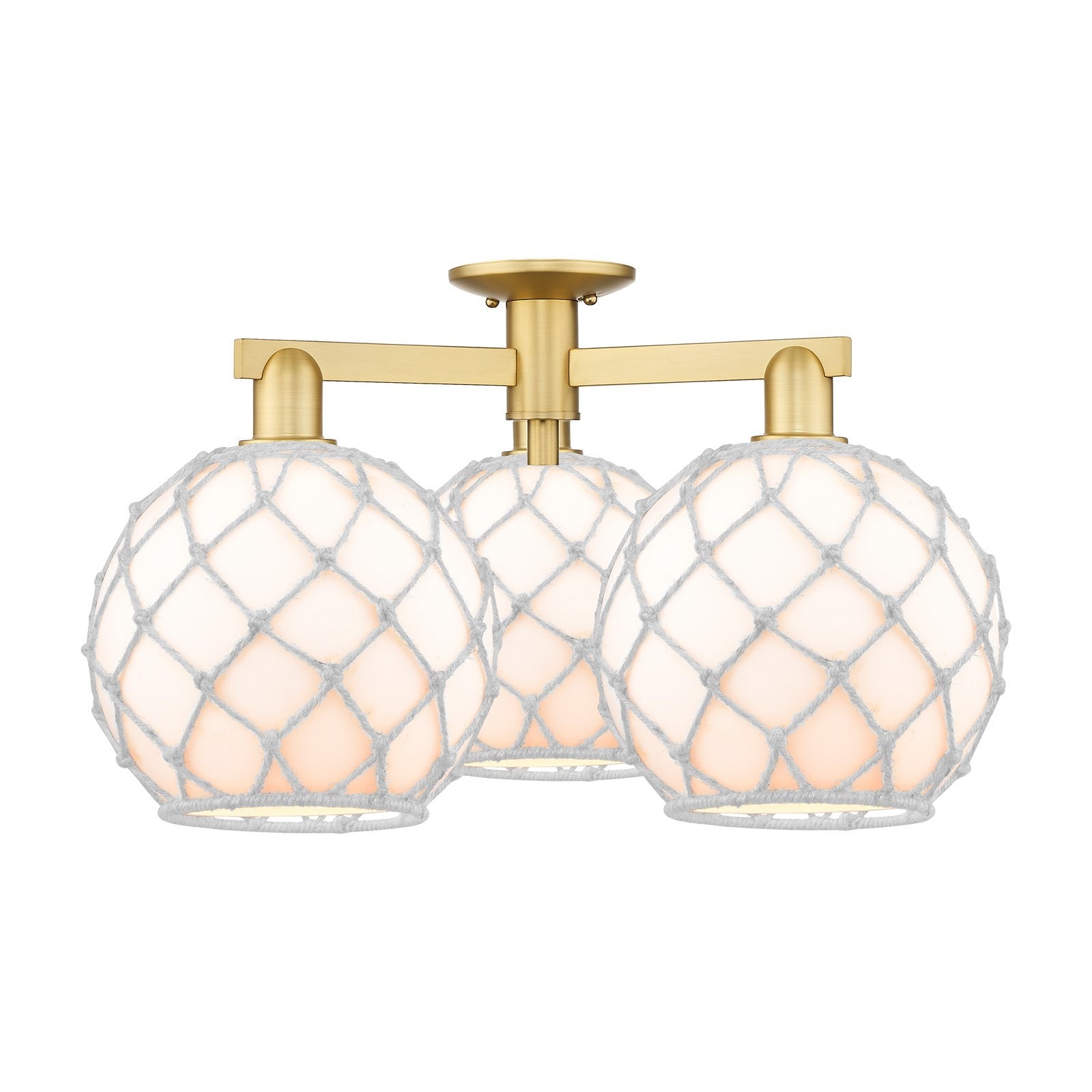 Innovations Farmhouse Rope 28in 3-Light Semi-Flush Mount | Industrial Satin Gold Steel and Cast Brass with White Glass and | Model 716-3F-SG-G121-10RW