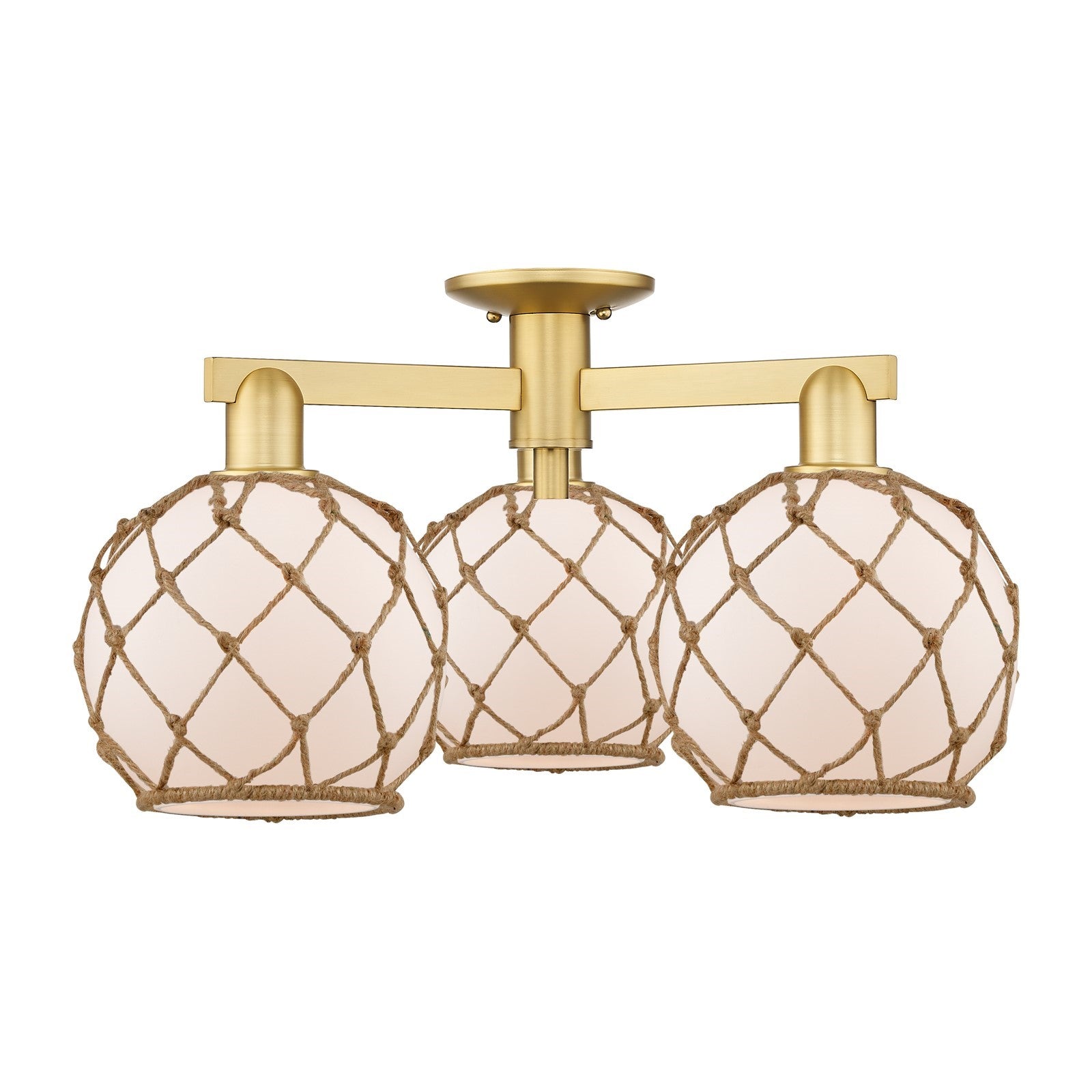Innovations Farmhouse Rope 26in 3-Light Semi-Flush Mount | Industrial Satin Gold Steel and White Frosted Glass with Brown Rope | Model 716-3F-SG-G121-8RB