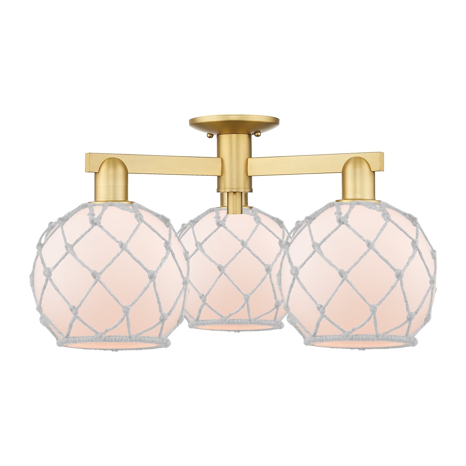 Innovations Farmhouse Rope 26in 3-Light Semi-Flush Mount | Industrial Satin Gold Steel and Cast Brass with White Frosted Glass | Model 716-3F-SG-G121-8RW