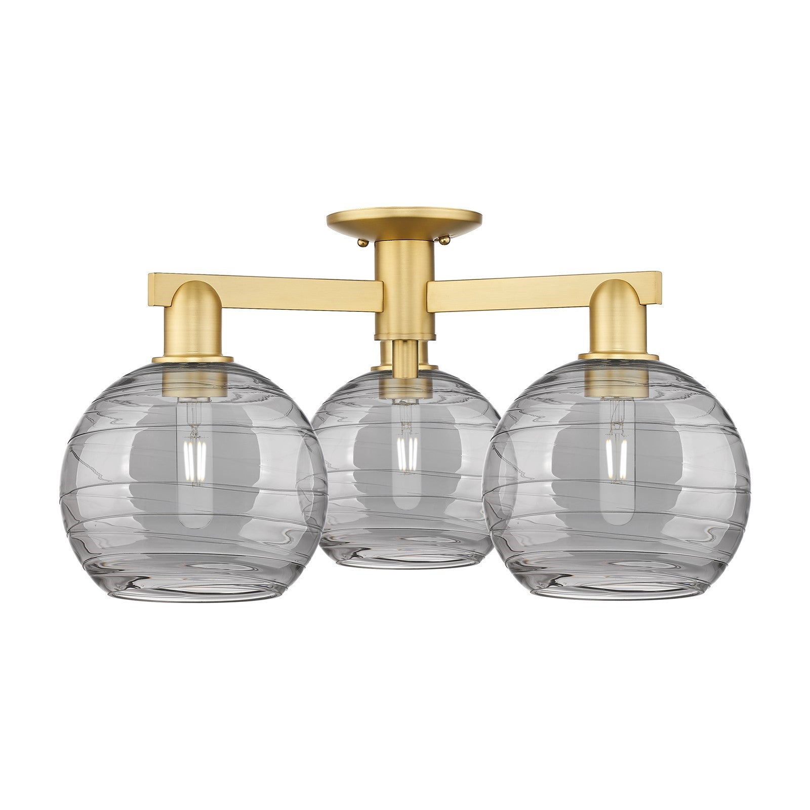 Innovations Athens Deco Swirl 26in 3-Light Semi-Flush Mount | Industrial Satin Gold Steel and Cast Brass with Light Smoke | Model 716-3F-SG-G1213-8SM