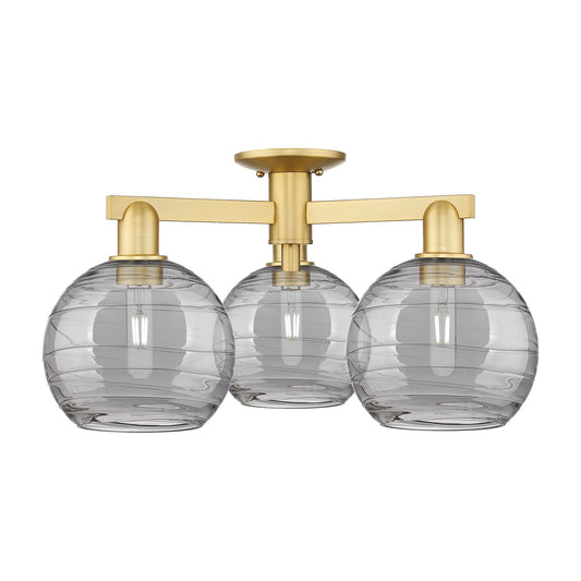 Innovations Athens Deco Swirl 26in 3-Light Semi-Flush Mount | Industrial Satin Gold Steel and Cast Brass with Light Smoke | Model 716-3F-SG-G1213-8SM
