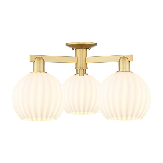 Innovations Lighting Arcadia 25.5in 3-Light Semi-Flush Mount | Industrial Satin Gold Steel and White Venetian Glass | Living | Model 716-3F-SG-G1217-8WV