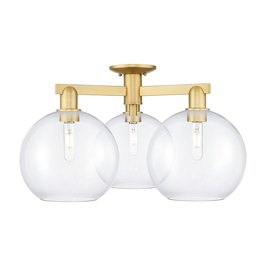 Innovations Athens 28in 3-Light Semi-Flush Mount | Industrial Modern Satin Gold Steel and Clear Glass | Entryway & Hallway | Model 716-3F-SG-G122-10
