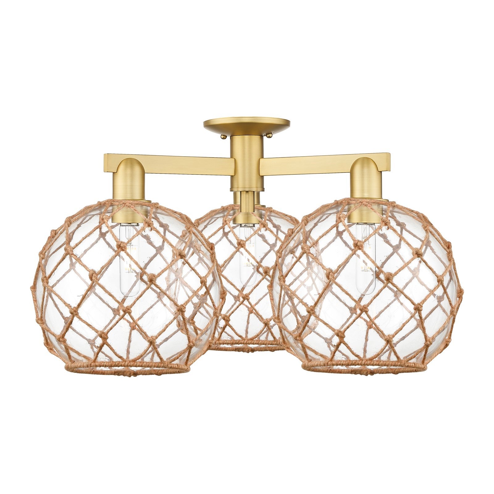 Innovations Farmhouse Rope 28in 3-Light Semi-Flush Mount | Industrial Satin Gold Steel and Clear Glass with Brown Rope | Model 716-3F-SG-G122-10RB