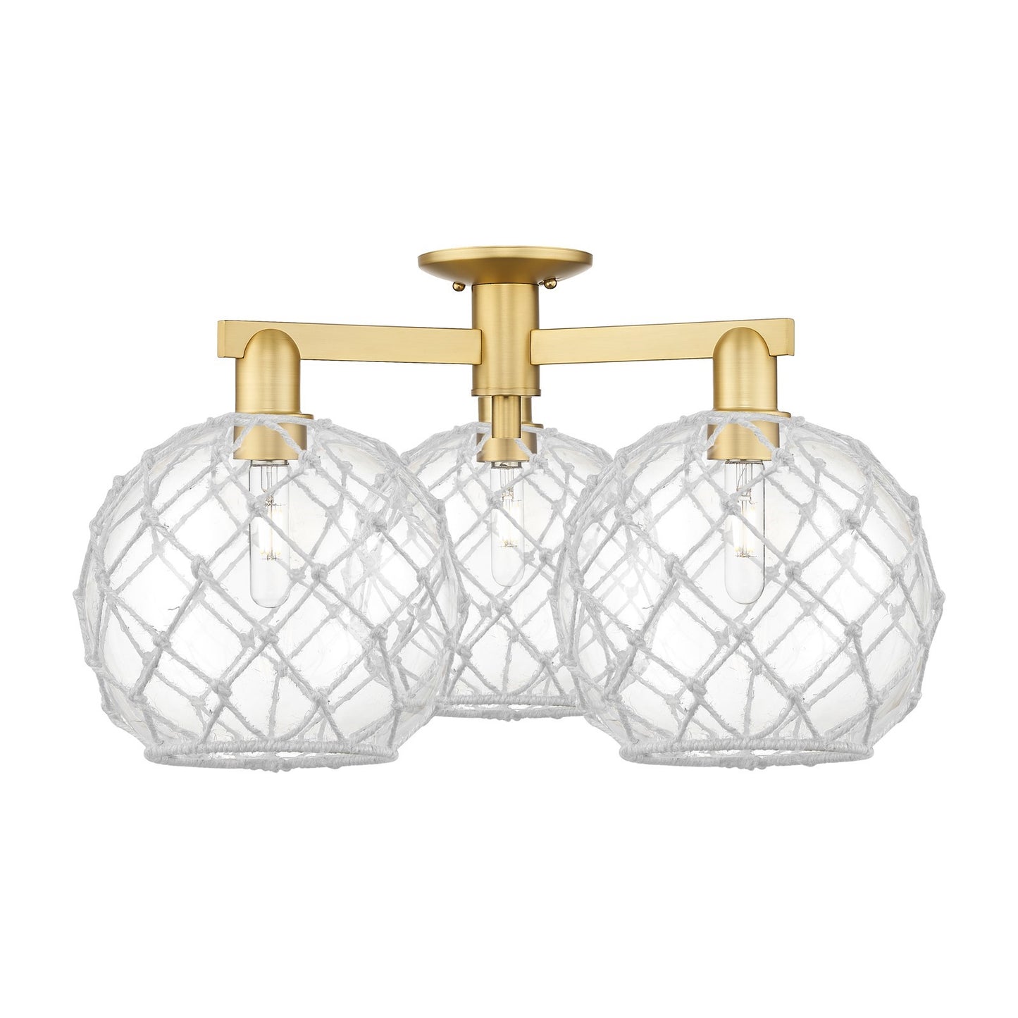Innovations Farmhouse Rope 28in 3-Light Semi-Flush Mount | Industrial Satin Gold Steel and Clear Glass with White Rope Shade | Model 716-3F-SG-G122-10RW