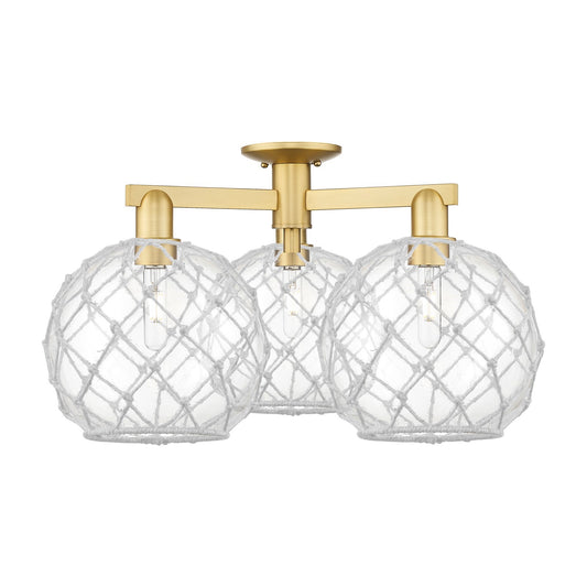 Innovations Farmhouse Rope 28in 3-Light Semi-Flush Mount | Industrial Satin Gold Steel and Clear Glass with White Rope Shade | Model 716-3F-SG-G122-10RW