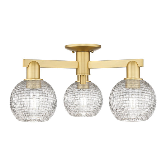 Innovations Athens 23in 3-Light Semi-Flush Mount | Industrial Satin Gold Steel and Clear Basket Weave Glass | Entryway & | Model 716-3F-SG-G122C-6CL