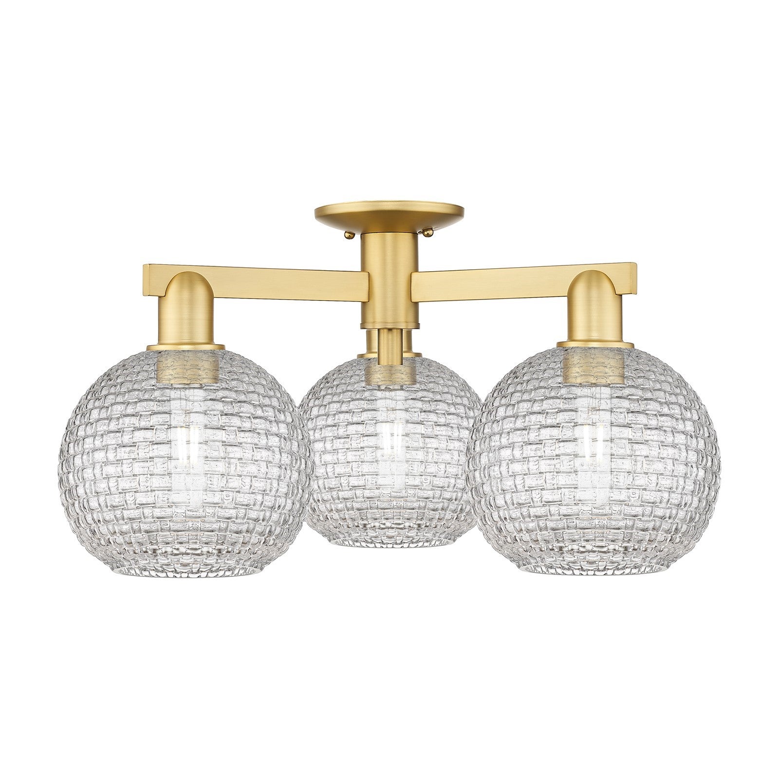 Innovations Athens 26in 3-Light Semi-Flush Mount | Industrial Satin Gold Steel and Clear Basket Weave Glass | Entryway & | Model 716-3F-SG-G122C-8CL