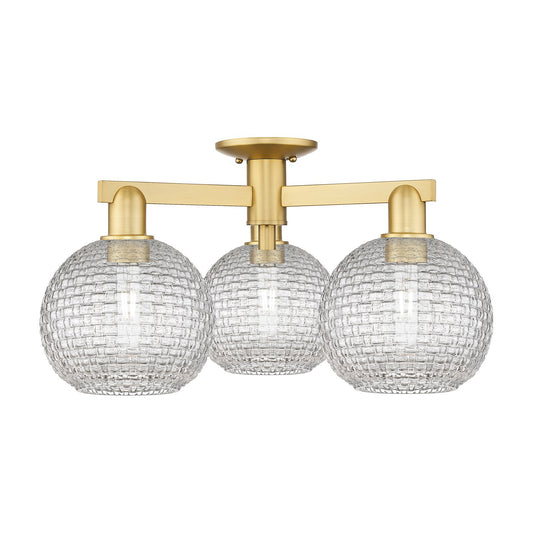 Innovations Athens 26in 3-Light Semi-Flush Mount | Industrial Satin Gold Steel and Clear Basket Weave Glass | Entryway & | Model 716-3F-SG-G122C-8CL