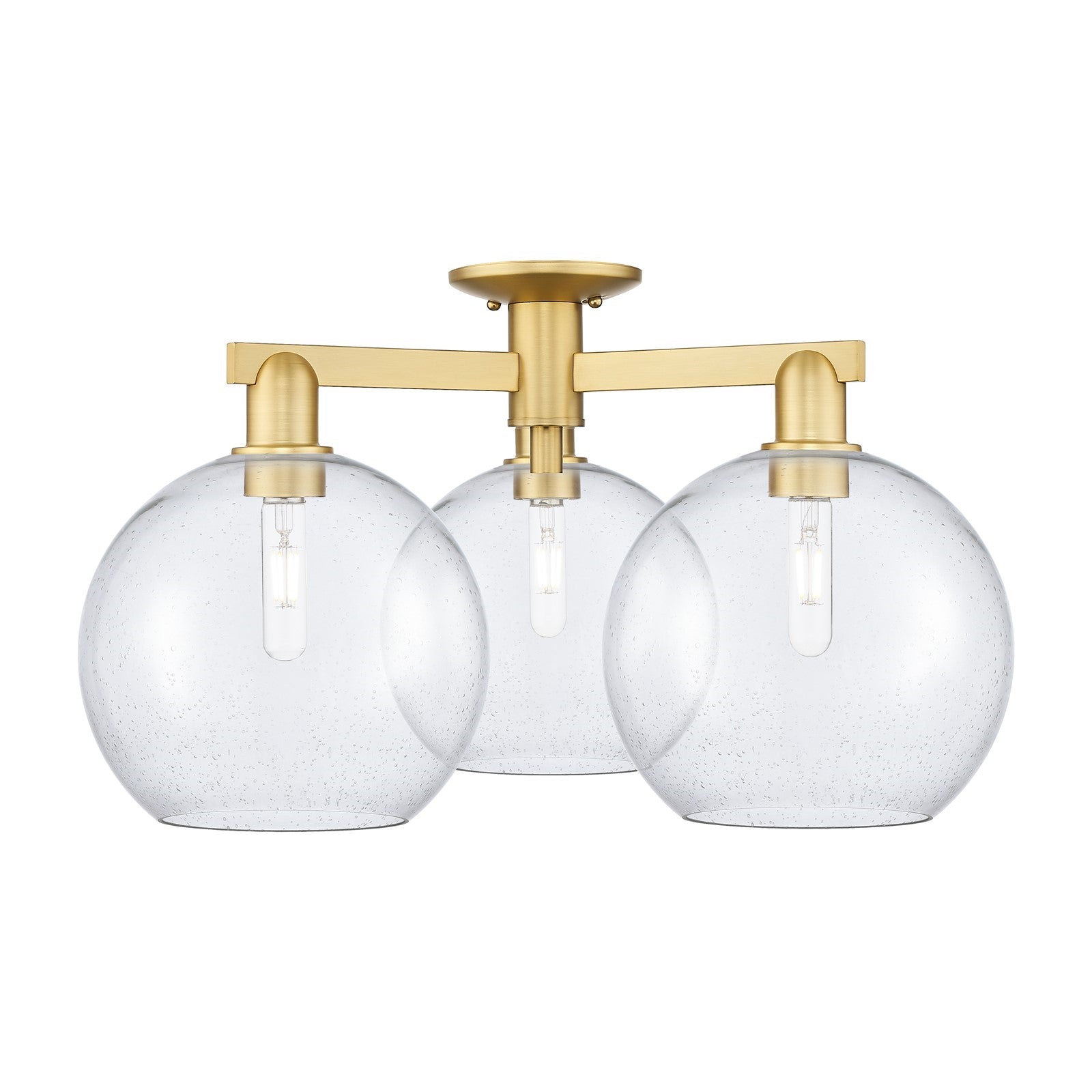 Innovations Athens 28in 3-Light Semi-Flush Mount | Industrial Satin Gold Steel and Seedy Glass | Damp-Rated Entryway & Hallway | Model 716-3F-SG-G124-10