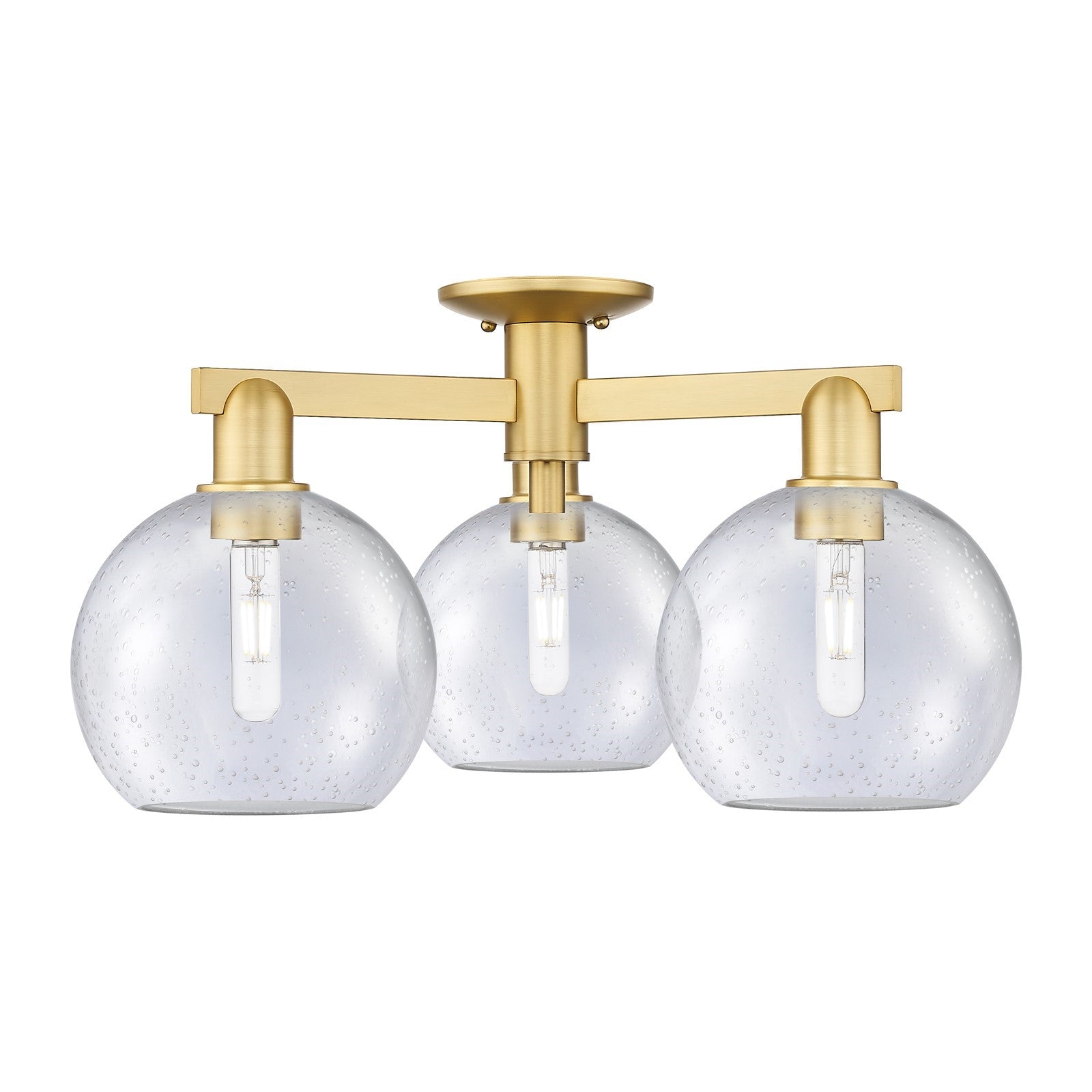 Innovations Athens 26in 3-Light Semi-Flush Mount | Industrial Satin Gold Steel and Seedy Glass | Entryway & Hallway | 25.5 x 25.5 | Model 716-3F-SG-G124-8
