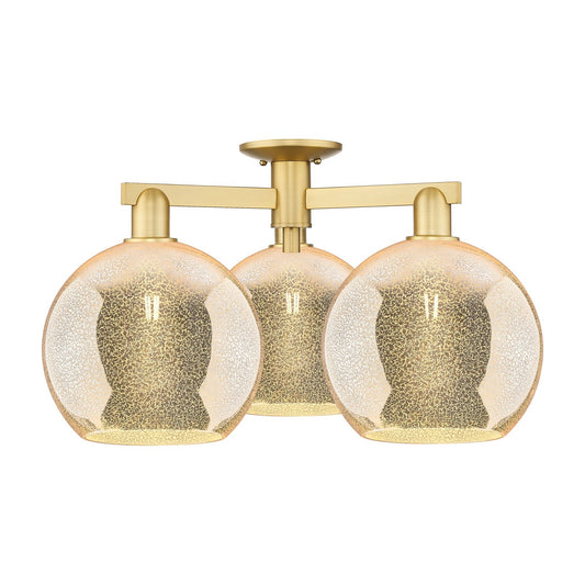 Innovations Athens 28in 3-Light Semi-Flush Mount | Industrial Satin Gold Steel and Mercury Glass | Living Room & Entryway Damp | Model 716-3F-SG-G128-10