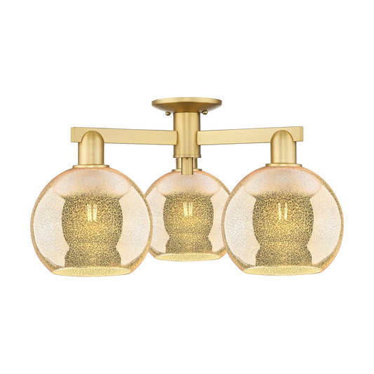 Innovations Athens 26in 3-Light Semi-Flush Mount | Industrial Modern Contempo Satin Gold Steel and Mercury Glass | Living Room & | Model 716-3F-SG-G128-8
