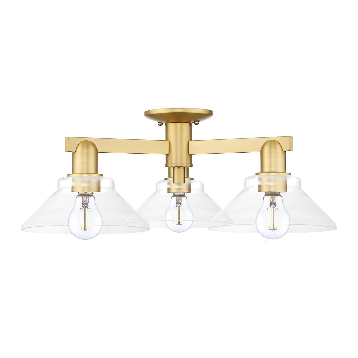 Innovations Orwell 26in 3-Light Semi-Flush Mount | Industrial Satin Gold Steel and Cast Brass with Clear Glass Shades | Entryway & | Model 716-3F-SG-G132
