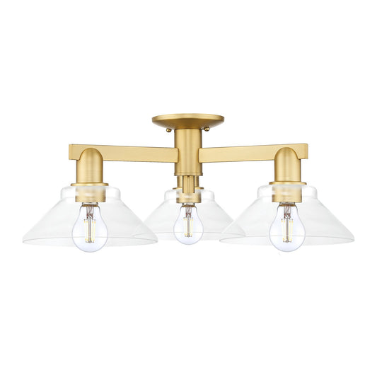 Innovations Orwell 26in 3-Light Semi-Flush Mount | Industrial Satin Gold Steel and Cast Brass with Clear Glass Shades | Entryway & | Model 716-3F-SG-G132
