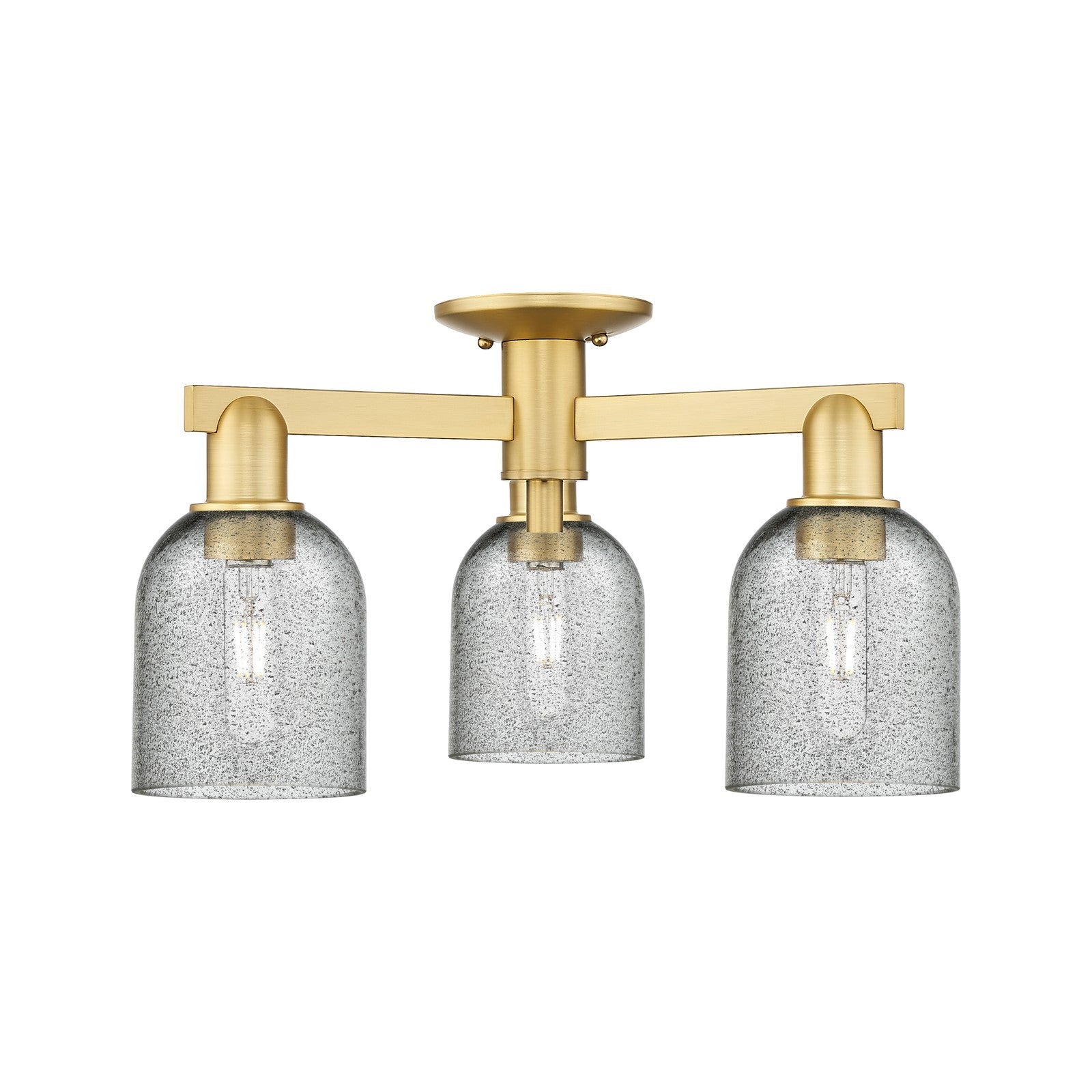 Innovations Caledonia 22.5in 3-Light Semi-Flush Mount | Industrial Satin Gold Steel and Charcoal Glass | Living Room & Hallway | Model 716-3F-SG-G257