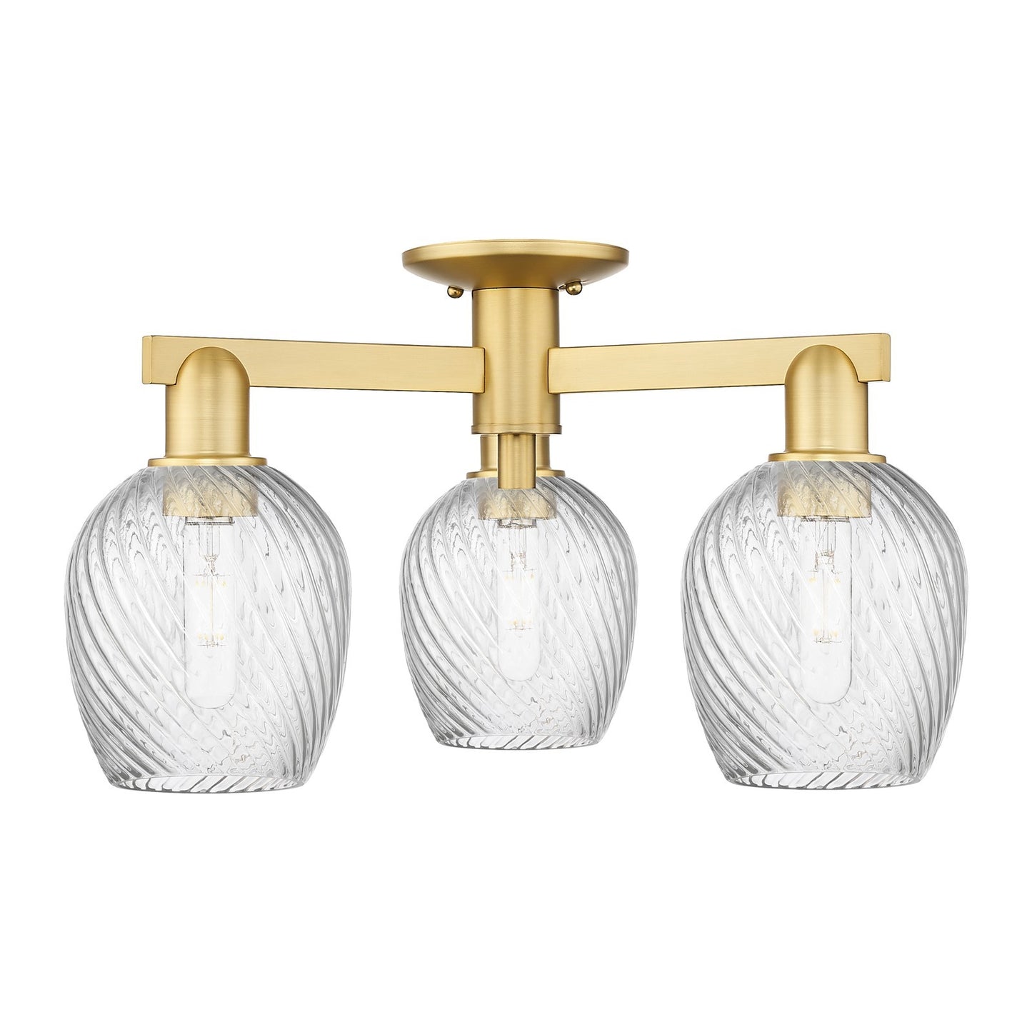 Innovations Salina 23in 3-Light Semi-Flush Mount | Industrial Satin Gold Steel and Clear Spiral Fluted Glass | Entryway & Hallway | Model 716-3F-SG-G292