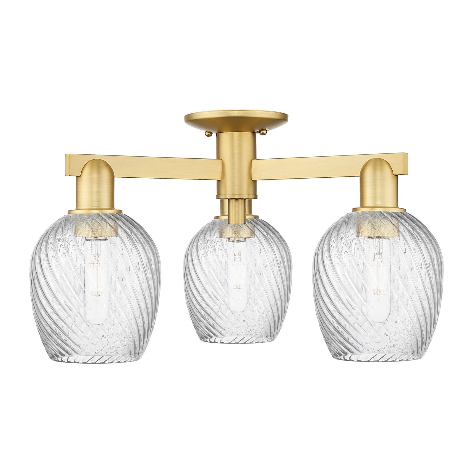 Innovations Salina 23in 3-Light Semi-Flush Mount | Industrial Satin Gold Steel and Clear Spiral Fluted Glass | Entryway & Hallway | Model 716-3F-SG-G292