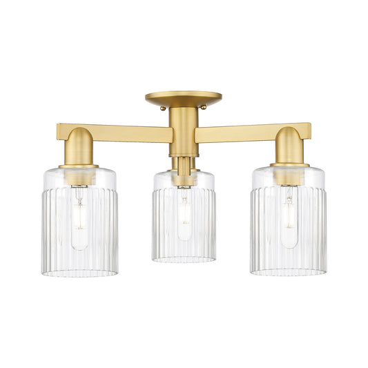 Innovations Hadley 22in 3-Light Semi-Flush Mount | Industrial Satin Gold Steel and Clear Ribbed Glass | Entryway & Hallway | 22 x | Model 716-3F-SG-G342