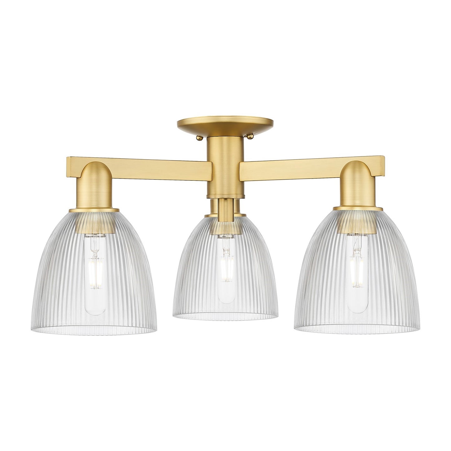 Innovations Castile 24in 3-Light Semi-Flush Mount | Industrial Satin Gold Steel and Cast Brass with Clear Glass Dome Shades | Model 716-3F-SG-G382