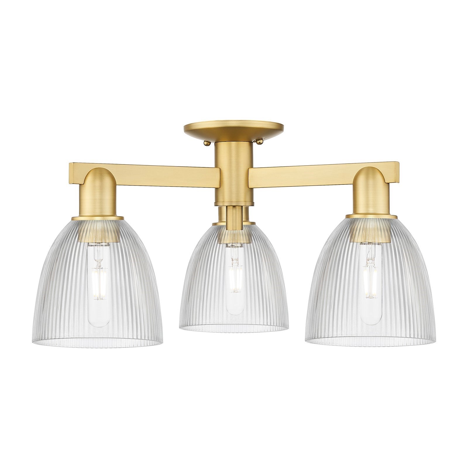 Innovations Castile 24in 3-Light Semi-Flush Mount | Industrial Satin Gold Steel and Cast Brass with Clear Glass Dome Shades | Model 716-3F-SG-G382