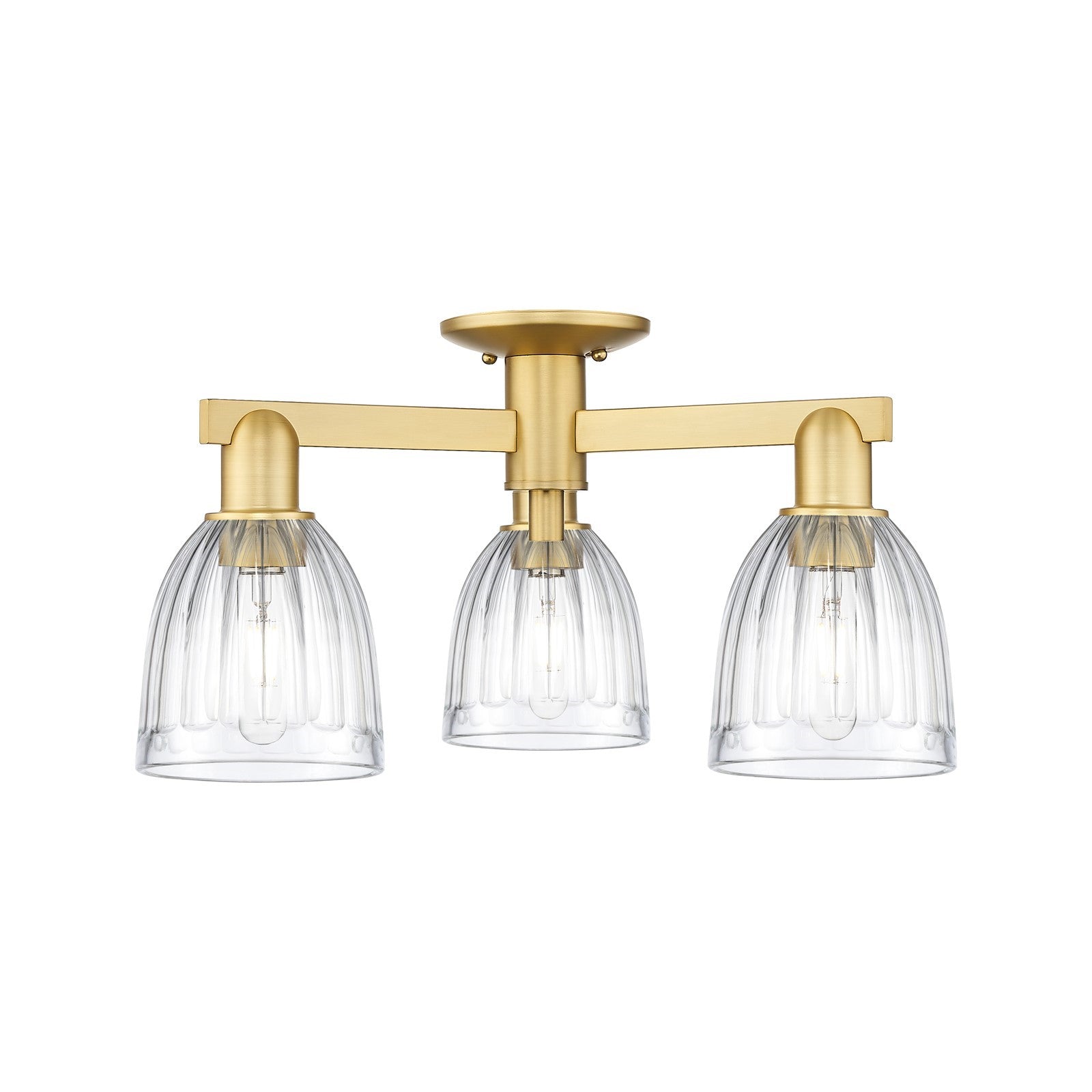 Innovations Brookfield 23in 3-Light Semi-Flush Mount | Industrial Satin Gold Steel and Clear Ribbed Glass | Living Room & Dining | Model 716-3F-SG-G442