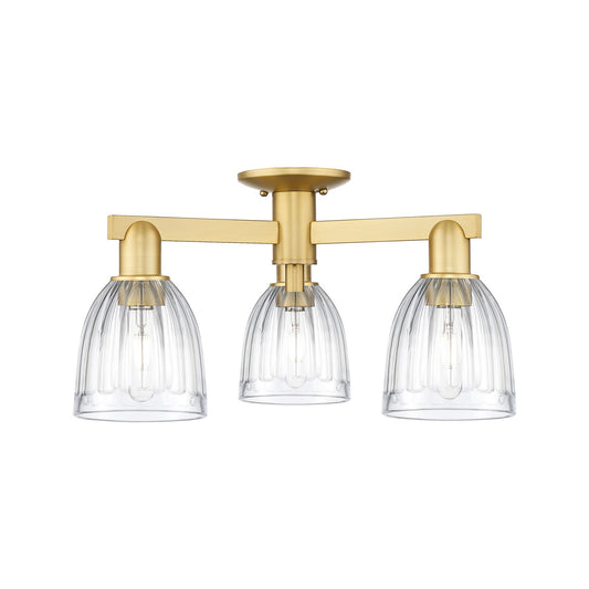 Innovations Brookfield 23in 3-Light Semi-Flush Mount | Industrial Satin Gold Steel and Clear Ribbed Glass | Living Room & Dining | Model 716-3F-SG-G442