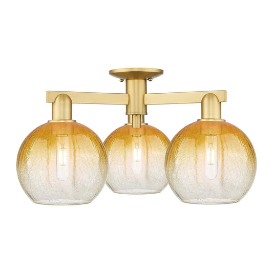Innovations Brookhaven Globe 26in 3-Light Semi-Flush Mount | Industrial Satin Gold Steel and Amber Glass | Entryway & Hallway | Model 716-3F-SG-G483-8AM
