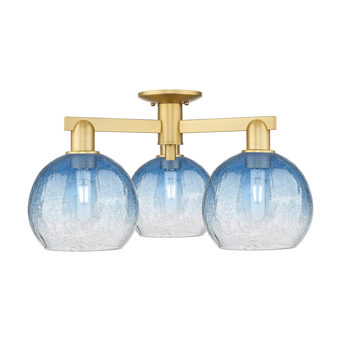 Innovations Brookhaven Globe 25.5in 3-Light Semi-Flush Mount | Industrial Satin Gold Steel and Sapphire Blue Glass | Entryway & | Model 716-3F-SG-G483-8SB