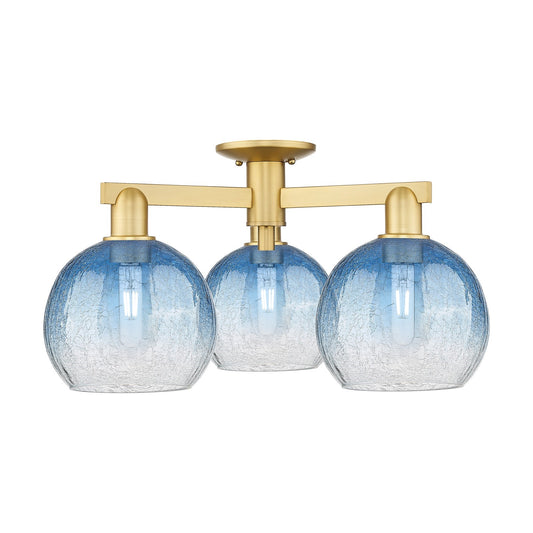 Innovations Brookhaven Globe 25.5in 3-Light Semi-Flush Mount | Industrial Satin Gold Steel and Sapphire Blue Glass | Entryway & | Model 716-3F-SG-G483-8SB