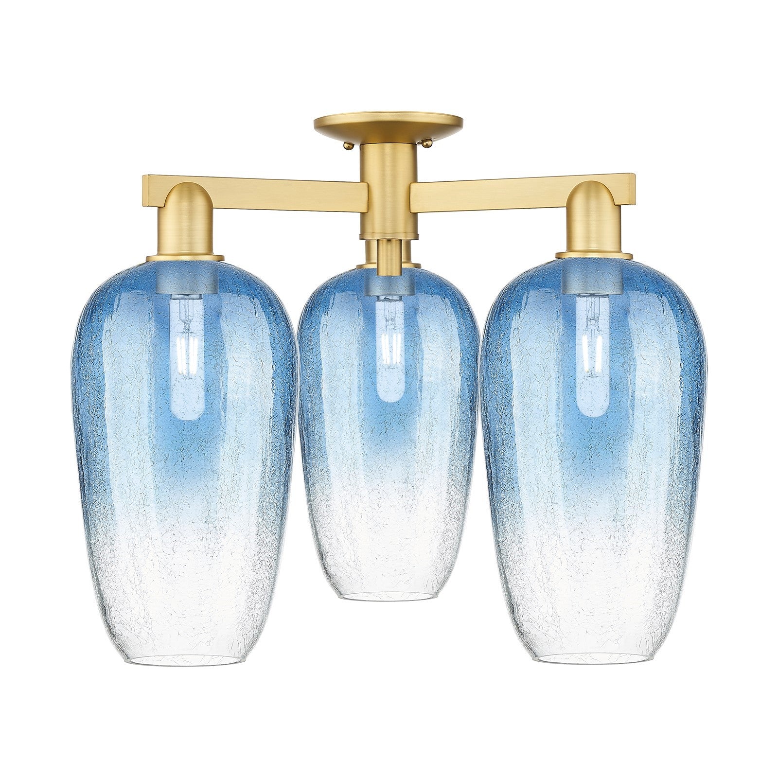 Innovations Brookhaven Flute 24.5in 3-Light Semi-Flush Mount | Industrial Satin Gold Steel and Sapphire Blue Glass | Entryway & | Model 716-3F-SG-G484-7SB