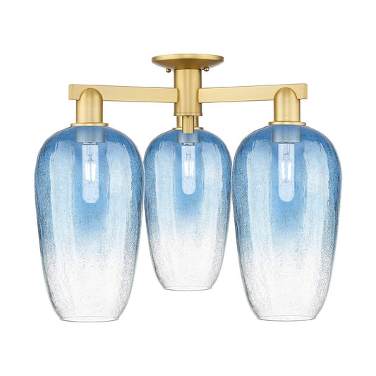 Innovations Brookhaven Flute 24.5in 3-Light Semi-Flush Mount | Industrial Satin Gold Steel and Sapphire Blue Glass | Entryway & | Model 716-3F-SG-G484-7SB