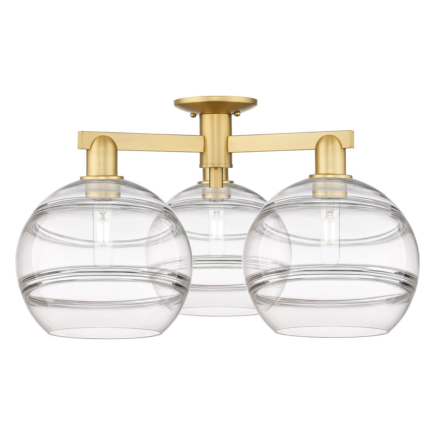 Innovations Rochester 28in 3-Light Semi-Flush Mount | Industrial Satin Gold Steel and Clear Glass | Entryway & Hallway | 27.5 | Model 716-3F-SG-G556-10CL